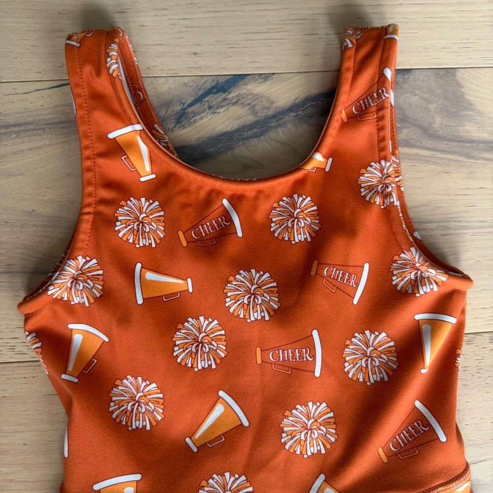 SweetHoney Kids Orange Cheer Print Active Dress with Built-in Shorts Size 8Y